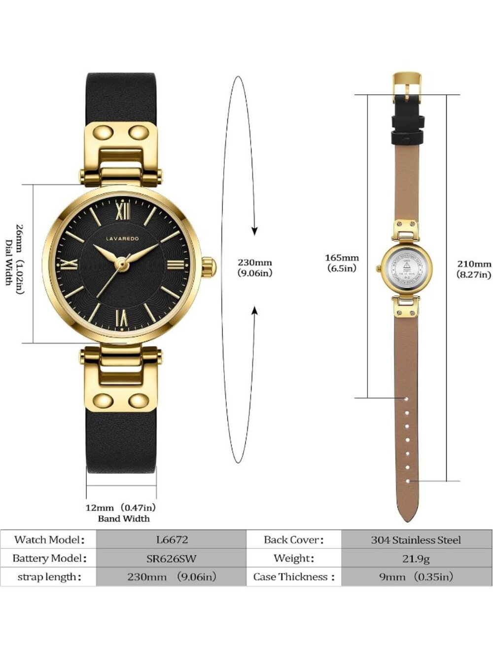 Women's All Black Elegant Classic Small Gold Leather Stylish Ladies Wrist Watch - Picture 4 of 7